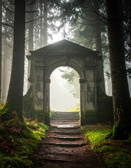 Obraz premium A serene forest path leads to an ancient stone archway