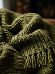 Fototapeta premium Close-up of an olive green knitted blanket with fringe detail in warm, low light