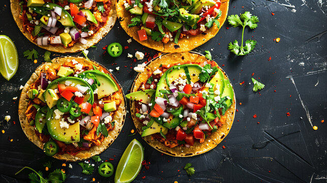 Delicious fresh vegetarian tostadas with avocado tomato cilantro and lime on dark background