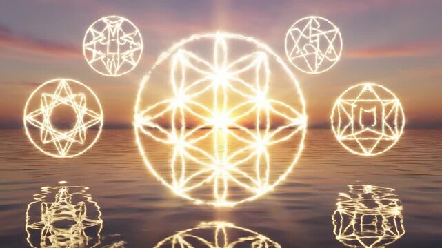 Sacred geometry symbols glowing over ocean sunset
