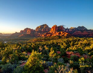 Majestic sandstone mountains glow in sunrise over lush green valley, clear blue sky overhead
