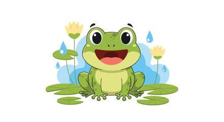 Fototapeta premium Cheerful green frog sitting on a lily pad in a pond with yellow water lilies and falling blue raindrops in the nature.