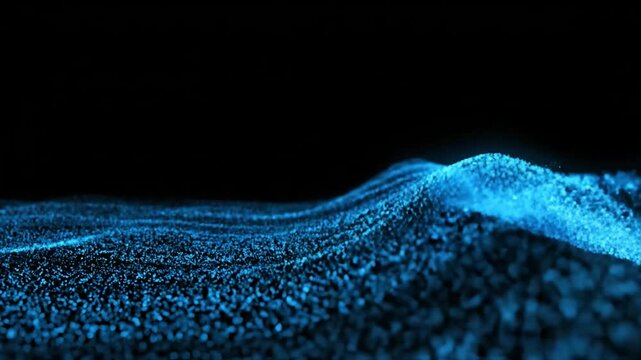 A mesmerizing wave of glowing blue bioluminescent particles cascades across a dark background, resembling a cosmic or deep-sea phenomenon.