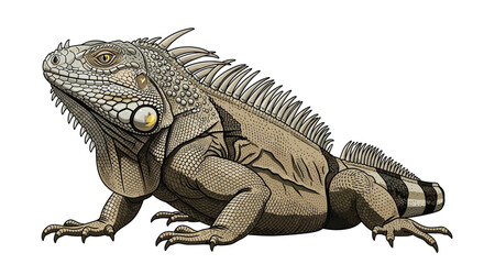 Fototapeta premium Large green iguana lizard with spiky scales and long tail resting on a plain white background in a profile view.