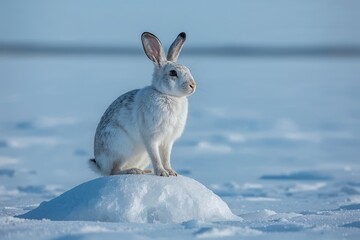Obraz premium A white rabbit sits on a small snow mound in a cold Arctic setting. The snow stretches on all sides under a clear sky. The rabbit looks around for food and safety.