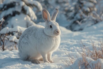 Naklejka premium A rabbit sits quietly on the snow in the Arctic. The ground is covered in white snow with some grass peeking through. Nearby bushes are visible in the background.
