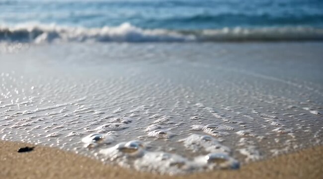 Gentle waves wash onto a sandy shore with sparkling water