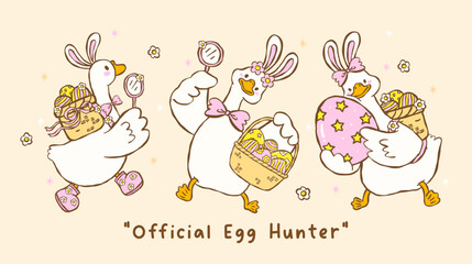 Cute pastel silly easter goose bunny ear carrying egg basket cartoon cottage spring hand drawn set © Natsicha