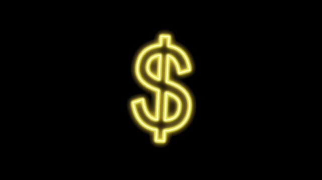 Golden neon dollar sign glowing currency symbol for finance and business isolated on transparent background
