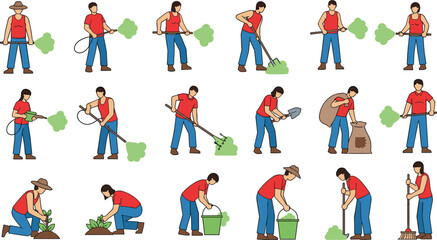 Set of farm and garden laborer characters featuring men and women planting weeding spraying crops and using tools like shovels rakes and buckets for agricultural and landscaping illustration. © Mifta