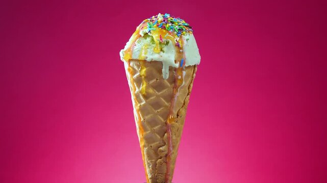 Ice cream in a waffle cone slowly rotates around its axis against a bright background