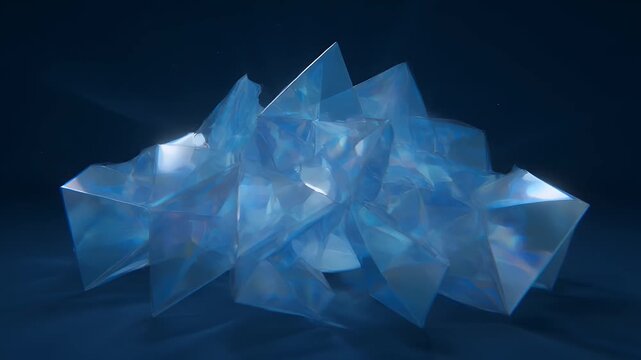 Abstract translucent blue geometric crystal form with internal refractions on dark background