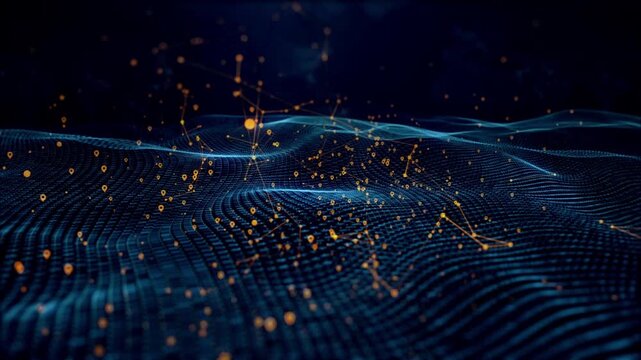 dots and lines on dark Wave particles Data background technology illustration. Abstract futuristic background Waves dots