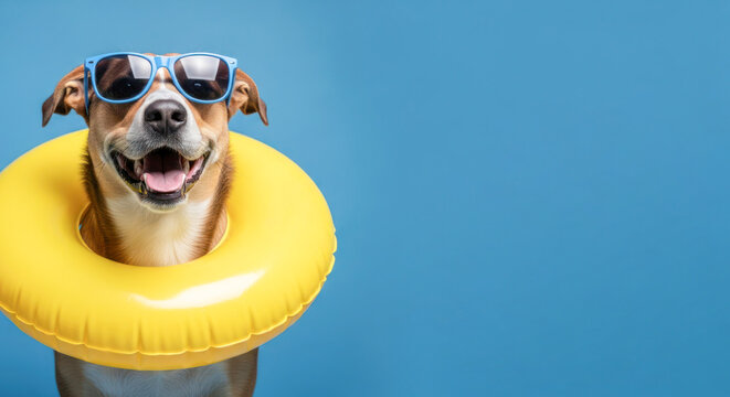 Dog wearing sunglasses and a yellow inflatable pool float against a blue background, smiling and looking playful in a summer setting