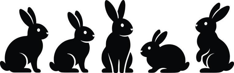 Fototapeta premium Rabbit silhouette illustration set, animal nature artwork, bunny pose vector design, wildlife graphic icon, black white hare symbol