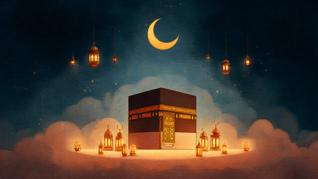 Illuminated Kaaba with glowing lanterns and crescent moon in a serene night sky  symbolizing spiritual devotion and sacred pilgrimage in Mecca during Ramadan