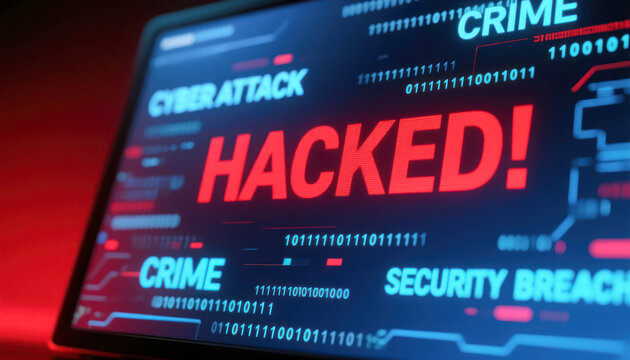 Digital screen displaying warning messages about cyber attack, including "HACKED!" and "SECURITY BREACH" in bold red text on a dark background