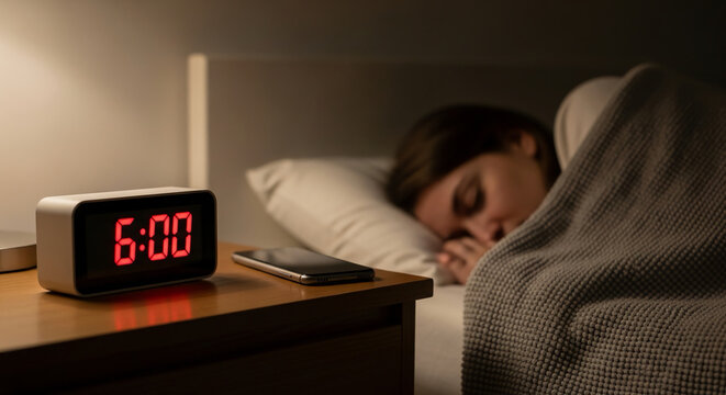Woman waking up in bed to alarm clock at 6 00 am with mobile phone nearby on bedside table soft morning light