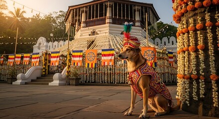 A Dog Dressed in Festive Attire Sits in Front of a Temple.