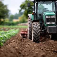Obraz premium Green tractor plowing field in lush rural farmland