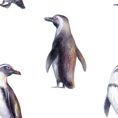 African Jackass Penguin in seamless pattern,Endangered Spectacled Bird of South African and Namibian Coastlines.Hand drawn watercolor illustration,call to preserve an endangered species