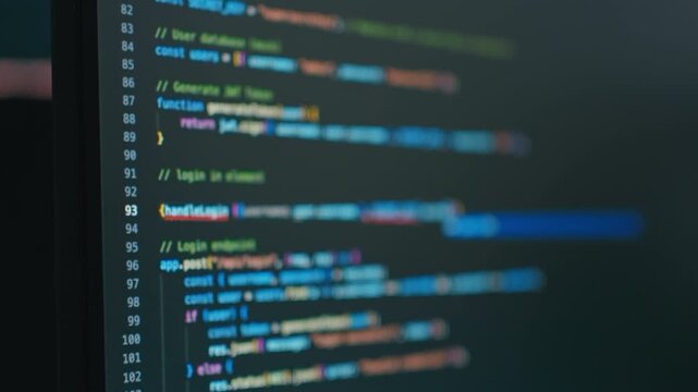 Close up Monitor of programming code running,prompt AI bot IT app smart program on dark computer screen.Programming and coding concept.