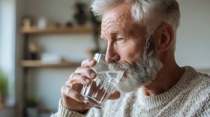 Senior man enjoys drinking water elegantly.