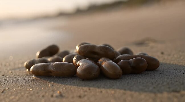 Smooth, brown, pebble-like objects cluster on a wet sandy shore as a gentle wave recedes