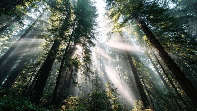 Sun rays stream through the tops of tall trees in a lush, green forest
