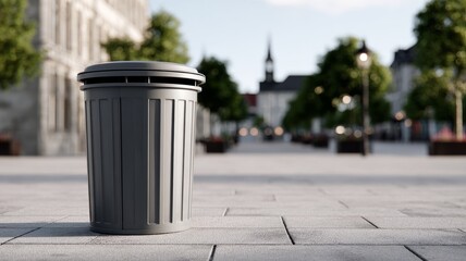 Urban outdoor trash can on city sidewalk plaza