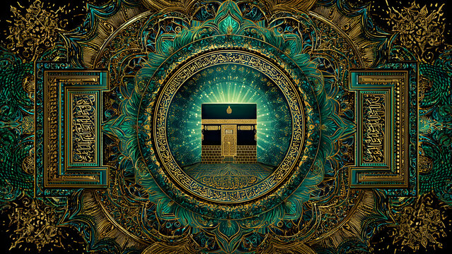 Illustration of a shining Kaaba surrounded by intricate Islamic geometric patterns and glowing decorative elements  emphasizing spiritual reverence and sacredness in Islamic tradition