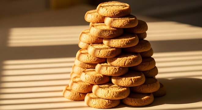 Stack of Round Biscuits Illuminated by Warm Sunlight.
