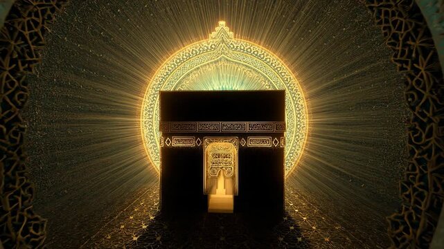 Illuminated Kaaba with Golden Light Rays and Ornate Decor in Mecca  Sacred Islamic Center During Nighttime  Spiritual and Religious Atmosphere