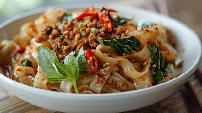 Spicy Thai Drunken Noodles (Pad Kee Mao) with Wide Rice Noodles, Fresh Thai Basil, Red Chili, and Savory Soy Sauce served in a White Ceramic Bowl
