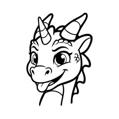 Dibujo sencillo con líneas de la cabeza de un bebé dinosaurio o dragón simpático enseñando la lengua  © teracreonte