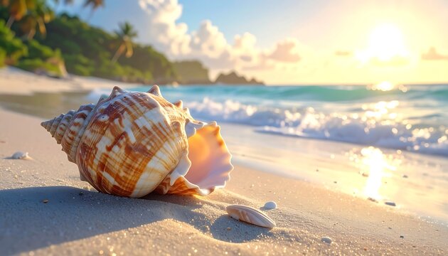 A seashell on a sandy beach at sunset with waves