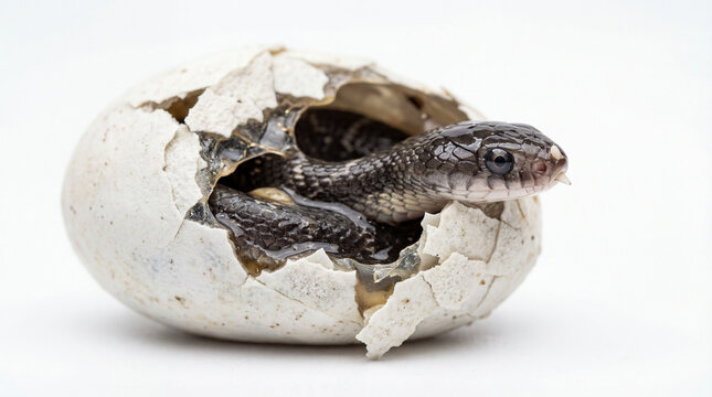 Baby Snake Hatching From Egg on White Background.