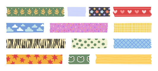 Fototapeta premium Cute washi tape collection with adorable pattern, floral design, and pastel hearts, animal zebra print and frogs. Vector border elements for scrapbooking, sticky ribbons or craft diary decoration