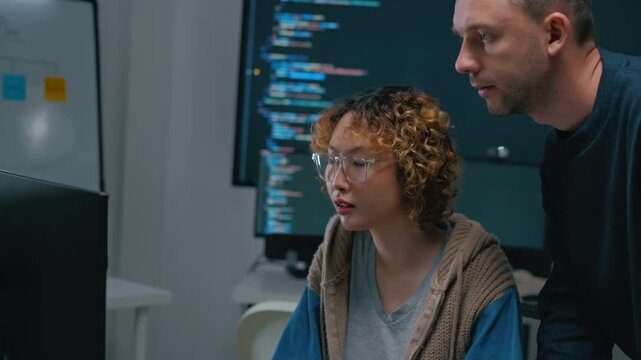 Adult male,asian female freelance typing write prompt AI bot IT app smart program,develop agentic ai,terminal with coding language,ux ui interface,designer,big data server center,quantum computer.