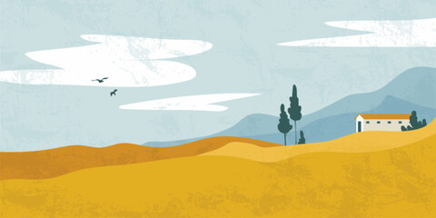 Fototapeta premium Autumn landscape with golden fields and rolling hills under blue sky with white clouds and flying birds. Fall countryside scene with harvested wheat meadows, distant mountains and farm home building