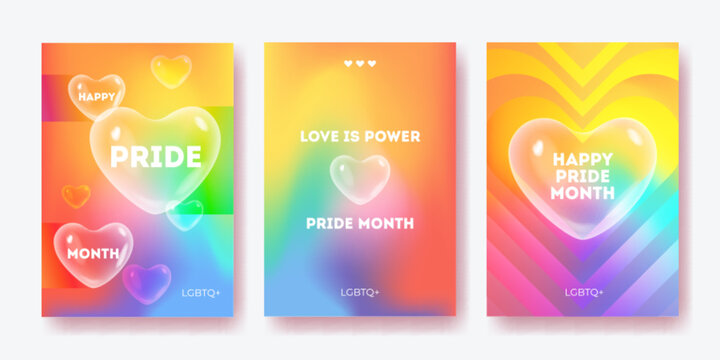 Pride month poster with rainbow gradient background. LGBT celebration abstract graphic colorful design with 3d transparent heart bubbles, gay parade flyer, social media banner, or event cover template