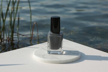 Obraz premium A nail polish bottle sits on white marble next to calm water. The sunlight shines on the bottle. Tall grass is visible in the background. This shows a simple and clean setting.
