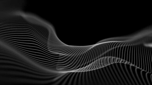 Animation of wave particle binary technology coding white digital line wave against black background