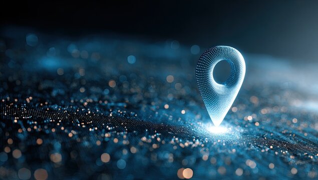 Futuristic depiction of a location marker glowing above a sea of digital data