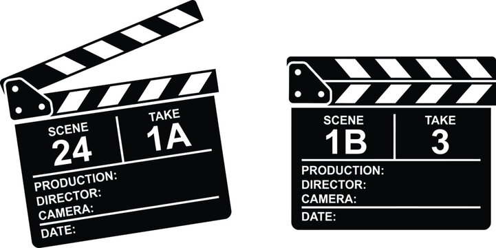 Film clapper boards for movie production scene takes and director's cues on white background