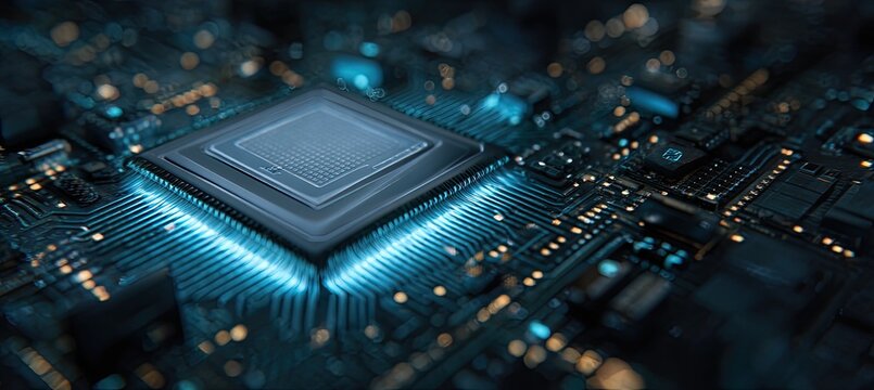 A close-up view of a central processing unit (CPU) chip glowing blue on a circuit board