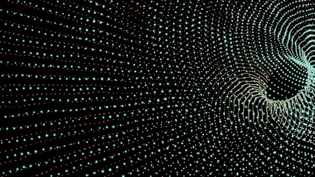 Animation of wave particle binary technology coding white digital line wave against black background