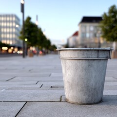 Fototapeta premium Metal bucket on urban sidewalk in modern cityscape