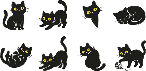 Collection of black cat illustrations in various playful poses and expressions on white background