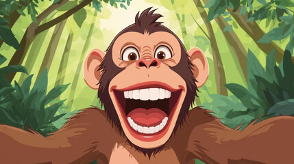 Vector illustration of a monkey taking a selfie in forest, mischievous energy of the moment as if the monkey just discovered the camera © Pemuda